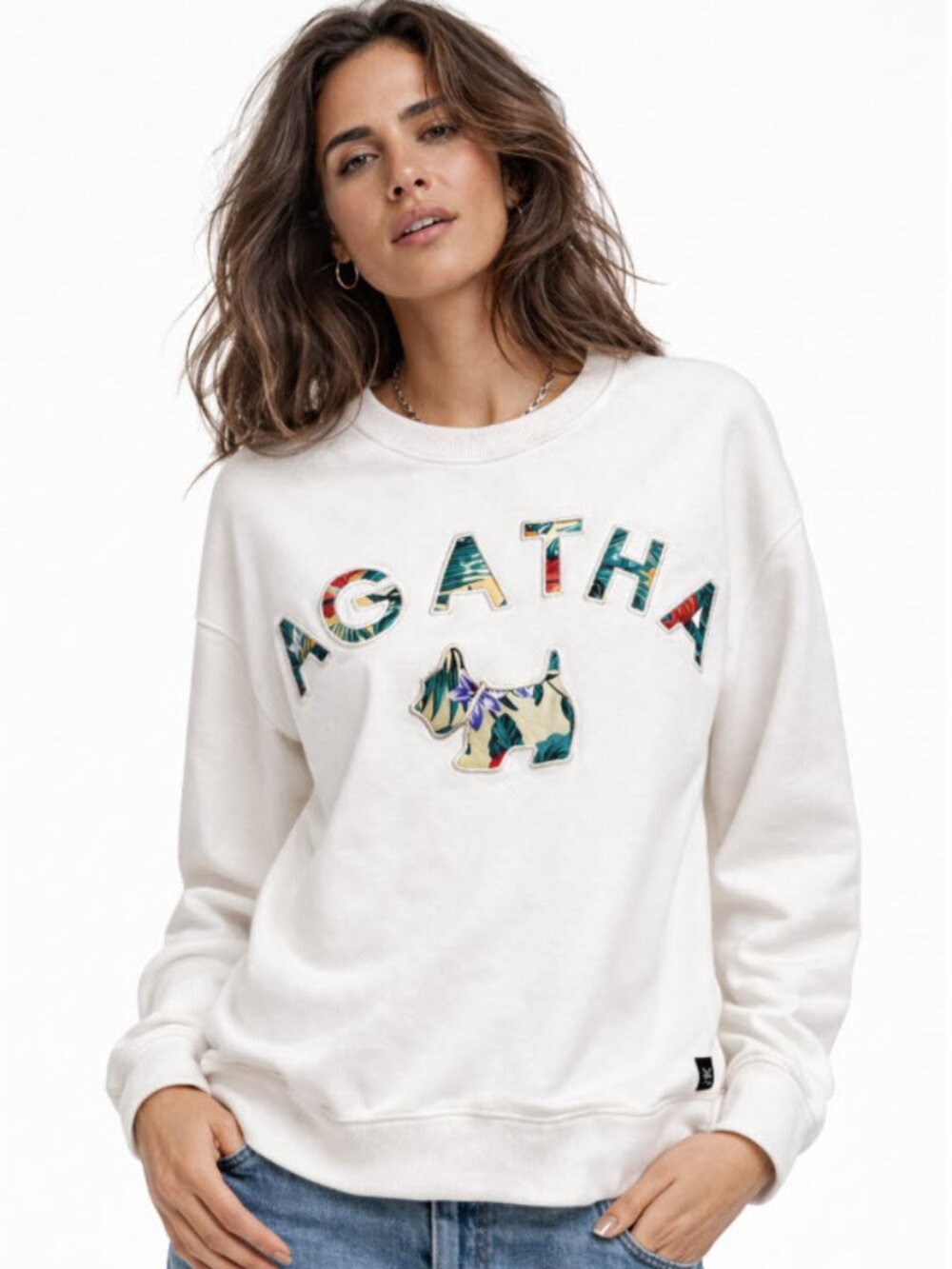 Agatha Paris white sweatershirt with text and dog applique size small